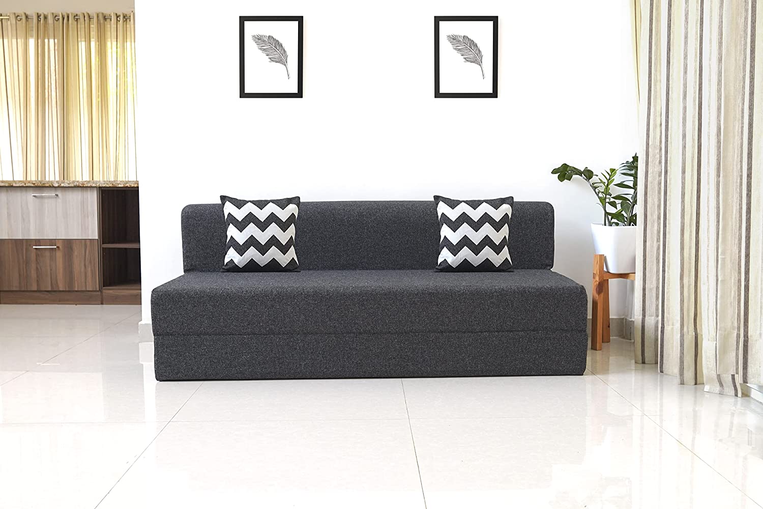 3 Seater Sofa Cum Bed - Jute Fabric Washable Cover - Dark Grey